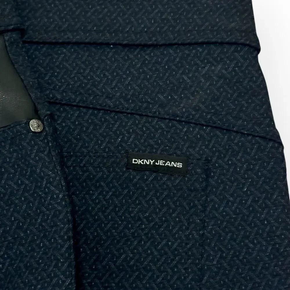 DKNY Pull On Ponte Pants Leather Navy Blue Diamond Lattice Work Career Medium